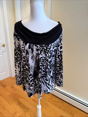 Bleeker and McDougal Black & White Animal-Print Cowl Neck Blouse